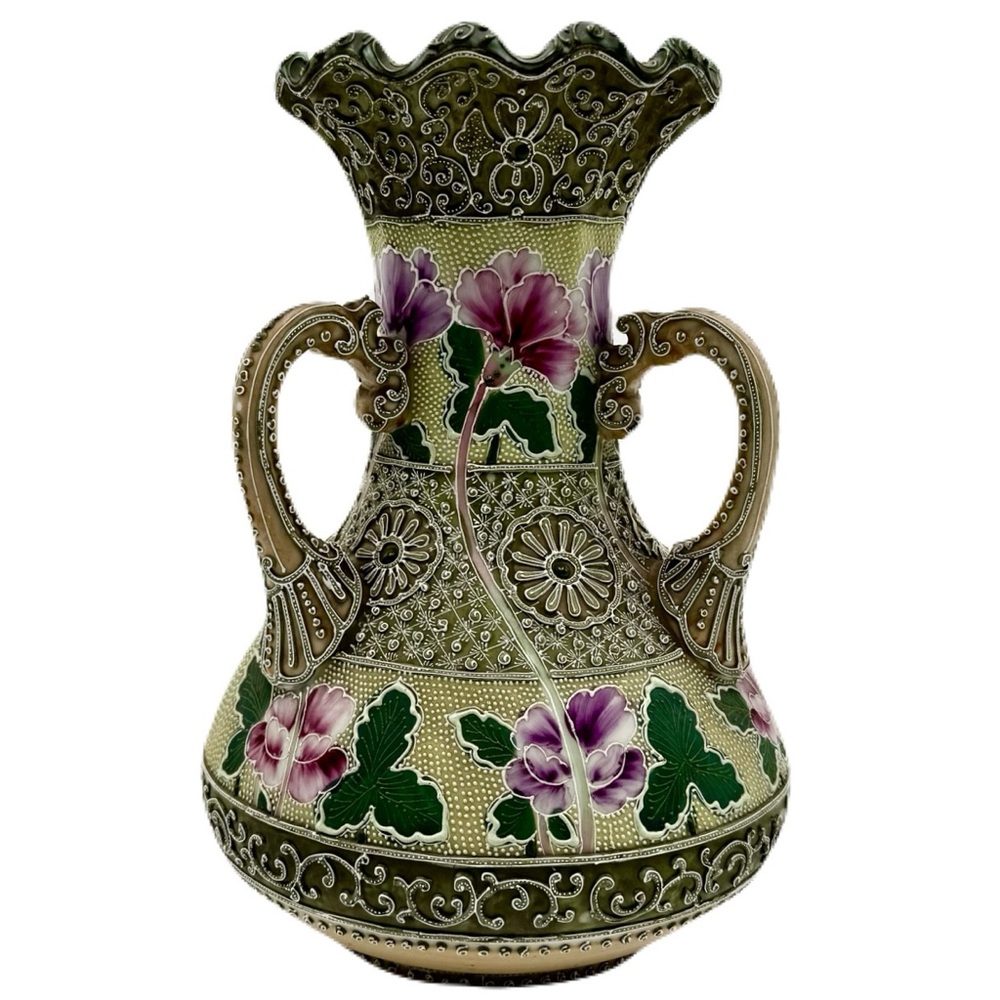 Antique Nippon Porcelain Tri-handled Purple & Green Japanese Moriage Vase 12”